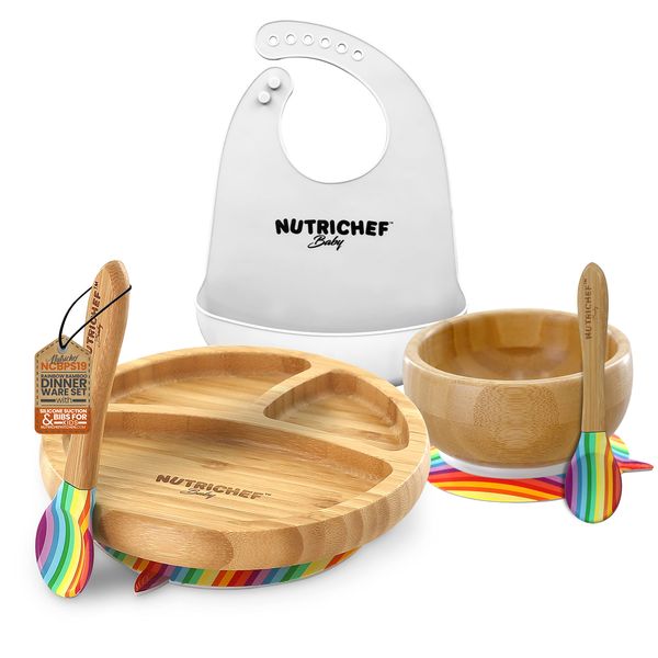 NutriChef Baby and Toddler, 3 compartment plate, bowl, and spoon feeding set- silicone suction, Non-toxic all natural Bamboo baby food plate with silicone bib (Rainbow), Small