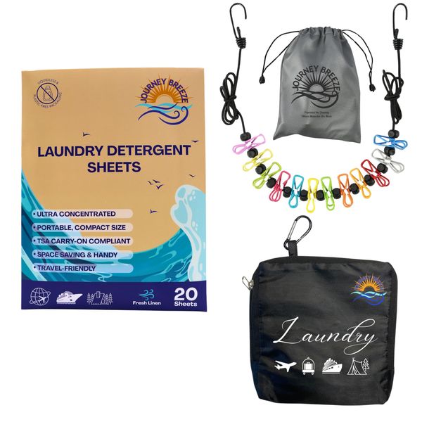 Travel Essentials Laundry Kit: Portable Laundry Bag, Portable Clothesline and Detergent Sheets - Must have Essentials for Cruises Camping and Hotel for your next vacation