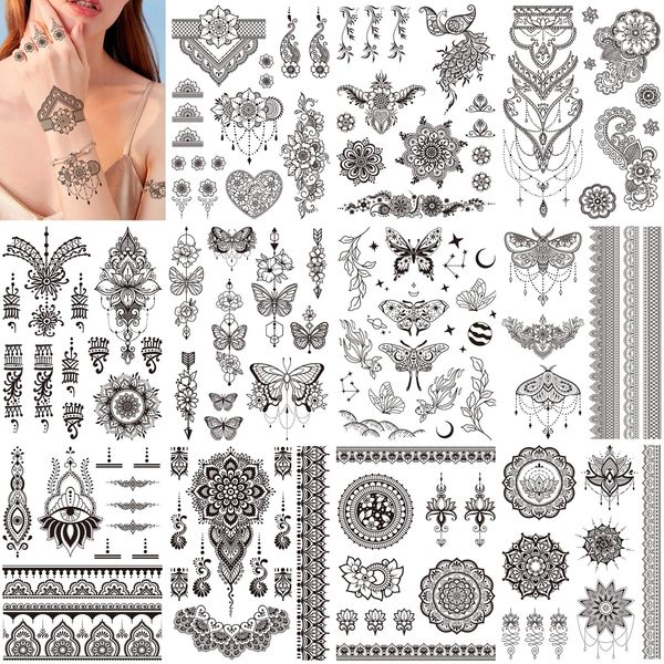 HOWAF 11 Blätter Schwarz Henna Tattoos Frauen Mädchen, Henna Temporäre Tattoos Indische Spitze Schmetterling Tribal Mandala Tattoo Stickers Wasserdicht Tattoo Aufkleber Fake Tattoos Festival Tattoos