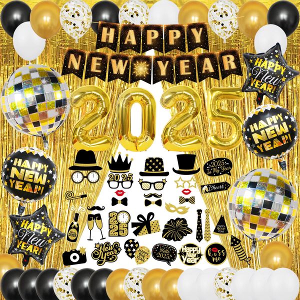 Huge New Years Eve Party Supplies 2025, Pack of 74, 4D Disco Ball Balloons, Happy New Year Banner for Happy New Year Decorations 2025, New Years 2025 Balloons, Fringe Curtain for NYE Decorations 2025