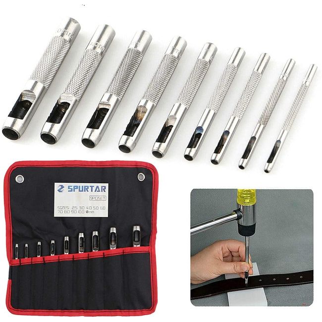 Spurtar 9 Pcs Steel Hollow Punch Set 2.5-10mm Heavy Duty Round Leather Hole Punching Tool for Watch Cloth Belt Gaskets w/Storage Bag