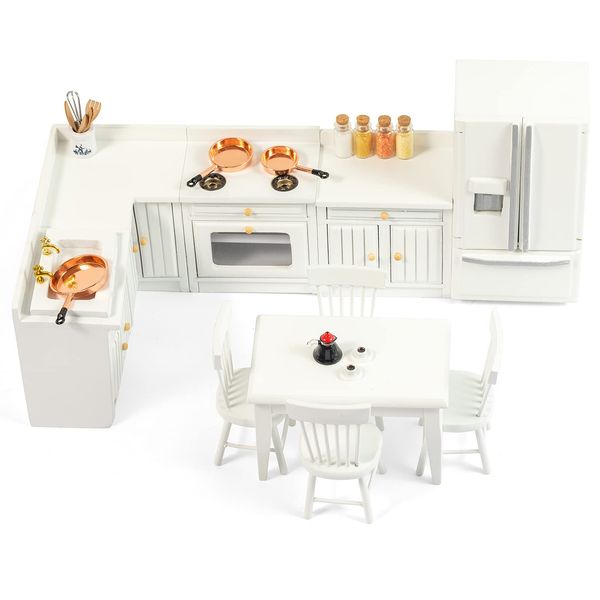 SAMCAMI Wooden Dollhouse Furniture Set - Miniature Dollhouse Furniture 1 12 Scale for Dollhouse Kitchen - Doll House Furniture Toys Incl Kitchen Cabinets, Dining Table, Refrigerator and Others (White)