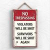 Global Designs No Trespassing Violaters Shot Typography Decorative Hanging Plaque