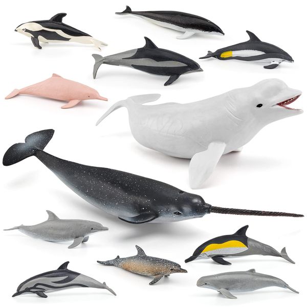 Ocean Sea Marine Animal Figure Toys Playsets 12 PCS Narwhal White Whale Mini Dolphin Model Toy Desktop Decoration Collection Party Favors Toys for Boys Girls Kids