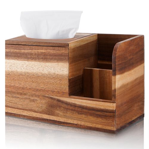 yesaior Acacia Wood Tissue Box Cover Square, Decorative and Multifunctional Square Wooden Nightstand Organizer, Tissue and Remote Control Holder for Bathroom, Bedroom, Dinner Table, Office