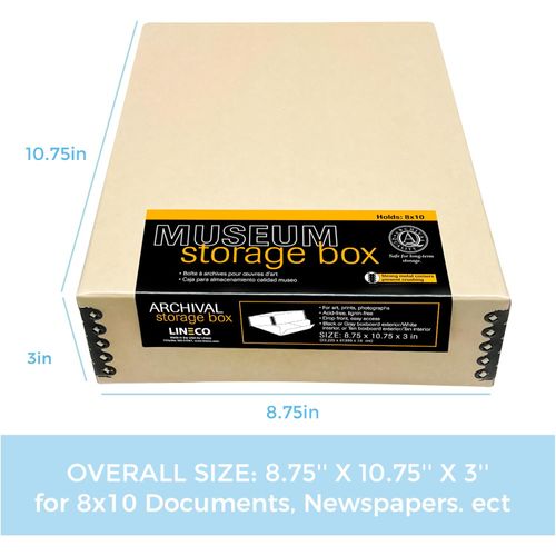 Lineco Museum Archival Storage Box, 8.75x10.75x3 in. Drop Front Design. Acid-Free with Metal Edge. Organize Photos, Pictures, Prints, Documents, Crafts, DIY. Tan, 2 Pack
