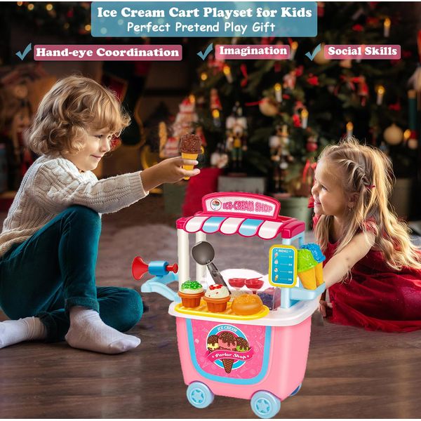 Scoop Ice Cream Counter Cart Play Food Toy Pretend Play Frozen Treats for Toddlers, 3 4 5 6 Year Old Boys and Girls, Preschoolers, Christmas Birthday Gift