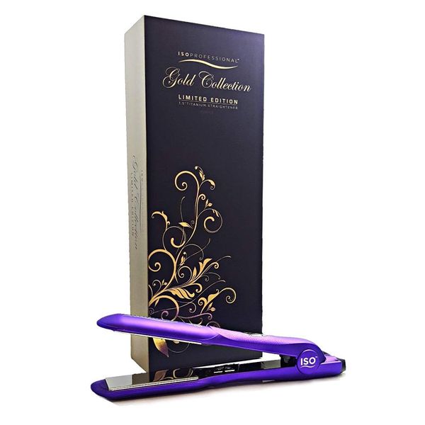 ISO Beauty Gold Collection Metallic Color 1.5 Inch Floating Plates Flat Iron Hair Straightener with Adjustable Auto Power Off, Smart Memory, Temp Control & LCD Display (Purple)