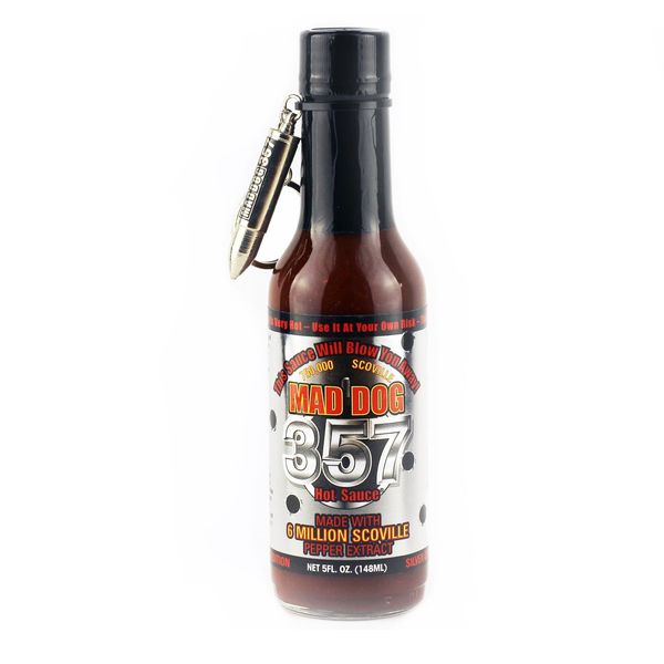 Mad Dog 357 Silver Collector's Edition Hot Sauce with Bullet Key Chain, Made with 6 Million Scoville Pepper Extract, 750,000 Scoville, 5 oz.