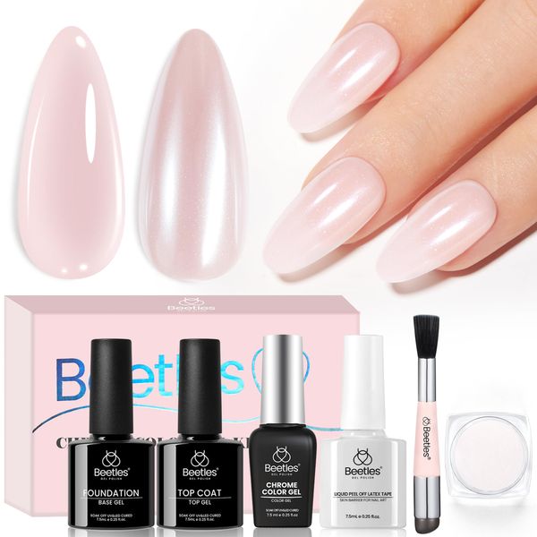 Beetles Pearl Chrome Nail Powder Gel Nail Polish Set, Glazed Donut Mirror Effect with Silicone Nail Brush, Liquid Peel Off Latex Tape Top Coat&Base Coat