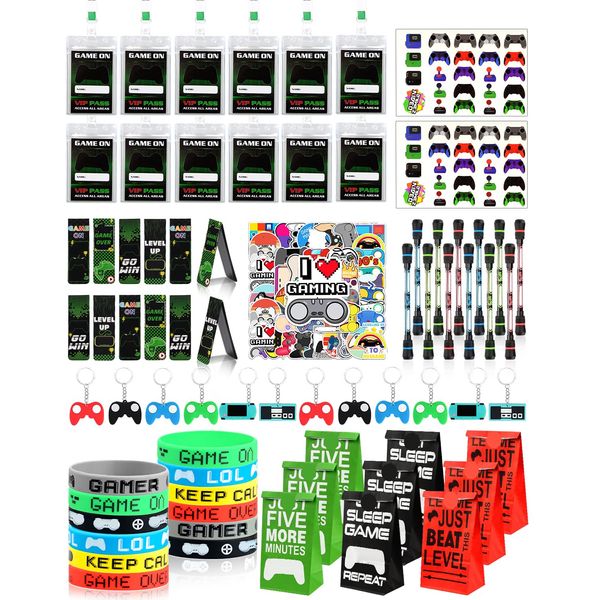 Video Game Party Bag Fillers for Kids, 124 PCS Gaming Birthday Party Favours with VIP Pass Tickets, Silicone Bracelet, Keychain and Tattoos Stickers, Pinata Fillers for Kids Party, Goodie Bag Fillers