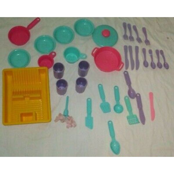 Lot 19 Pieces Vintage Plastic Play Dishes Kitchen Drainer Scrubber Fisher Price