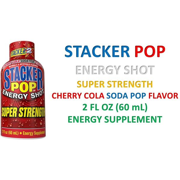 STACKER POP Super Strength CHERRY COLA SODA Pop 2 oz Energy Shot -LOT 12 03/2021