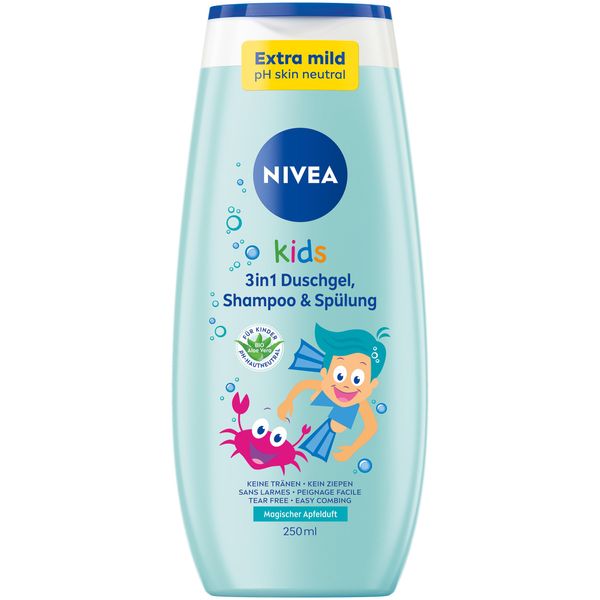 NIVEA KIDS 3in1 Duschgel, Shampoo & Spülung, Pflege und Reinigung für Kids mit magischem Apfelduft, extra milde, seifenfreie Haar- und Hautpflege für Kinder (250 ml)