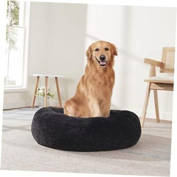 Dog & Cat Bed: Round Faux Fur Pet Bed - Plush, 30.0"L x 30.0"W x 8.0"Th Black