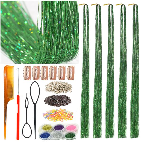 CelineBella Hair Tinsel Green Fairy Hair Extensions Kit Sparkling Shiny Highlights Glitter Tinsel Hair Extensions for Women Girls Children(48 Inch Pack of 5Pcs, Shining Green)