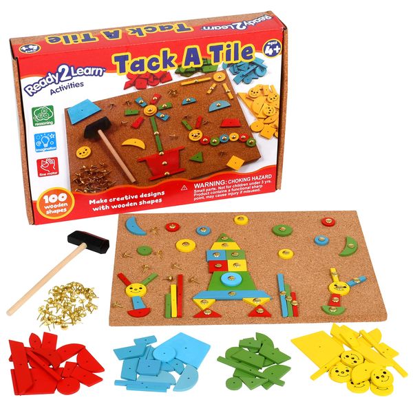 READY 2 LEARN Tack A Tile - Wooden Hammer Toy for Kids Aged 4 and up - 100 Shapes - Big Corkboard - Kid-Friendly Tacks - Foster Imagination, Fine Motor Skills and Reasoning