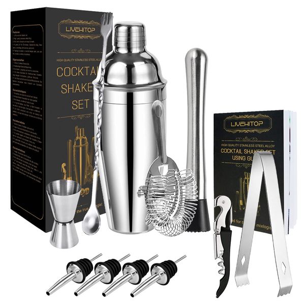 LIVEHITOP Cocktail Shaker Set, 12 Pieces Cocktail Making Set with 750 ML Cocktail Shaker Professional Bartender Kit for Bar, Party, Home