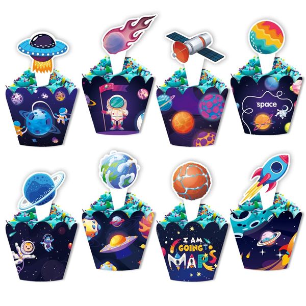 48PCS Space Themed Cupcake Toppers and Wrappers for Baby Boys Girls, I AM GOING TO MARS - Astronaut Rocket UFO Planet Patterns Cupcake Decorations for Two the Moon Birthday Baby Shower Party Supplies