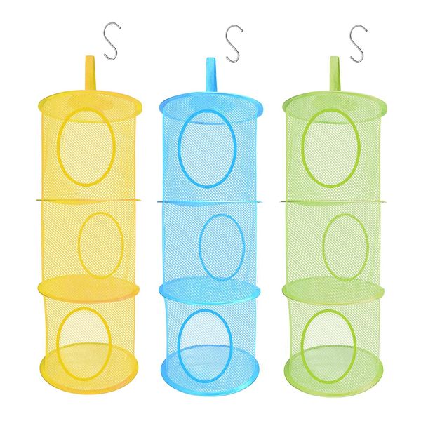 LIVEHITOP 3PC Hanging Mesh Storage Basket Small Toy Box, 3 Tier Collapsible Network Storage Space Save Bags Organizer for Toys, Small Clothes (Yellow,Green, Blue)