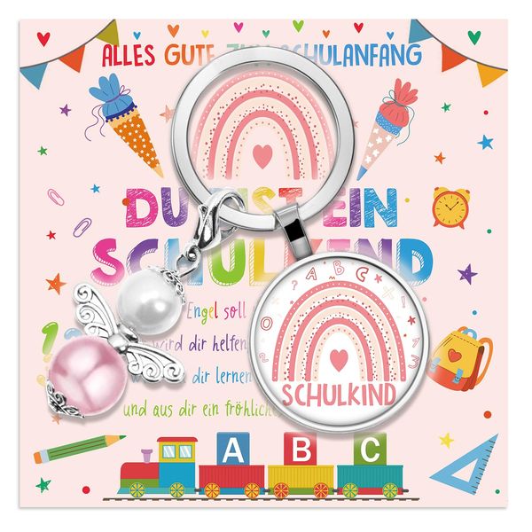 Rorchio Einschulung Geschenk Mädchen, Schulkind 2024 Schutzengel Schlüsselanhänger Schultüte Füllung Glücksbringer Schulanfang Geschenke Glückwunschkarte zur Einschulung mit Umschlag