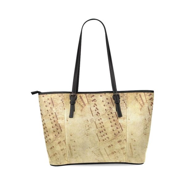 Large Leather Tote Shoulder Bag - Tan and Brown Sheet Music Print - One Size