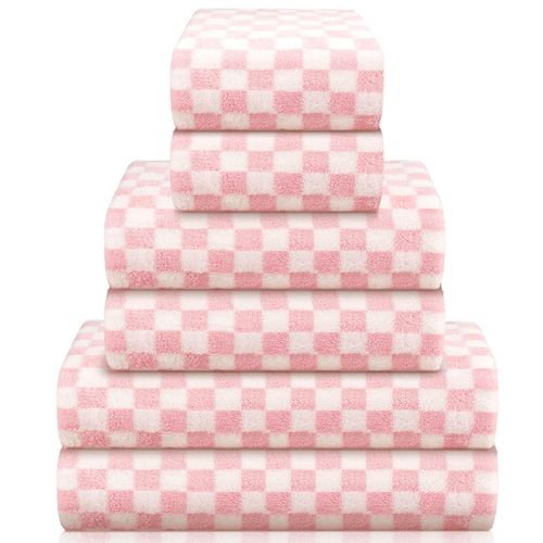 Kinlop 6 Pcs Bath Towels Set Checkered Towels Flower Washcloth Coral Fleece Soft Quick Dry Lightweight Bathroom Towel for Home Gym Spa Beach Accessories(Pink,Checkered)