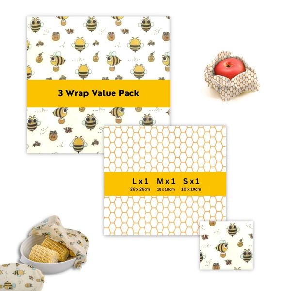 HNTR Value Beeswax Wraps - Set of 3 | 3 Sizes | Plastic-Free Alternative