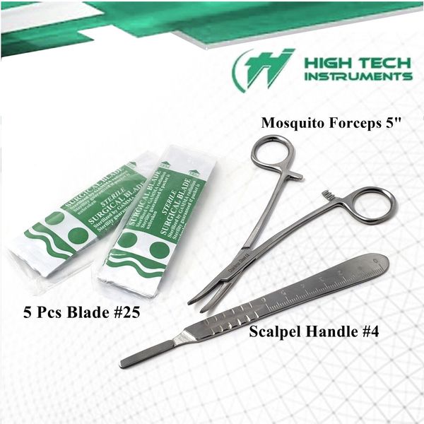 5 pcs Carbon Steel Sterile Surgical Scalpel Blades #25 + Graduated Handle No 4