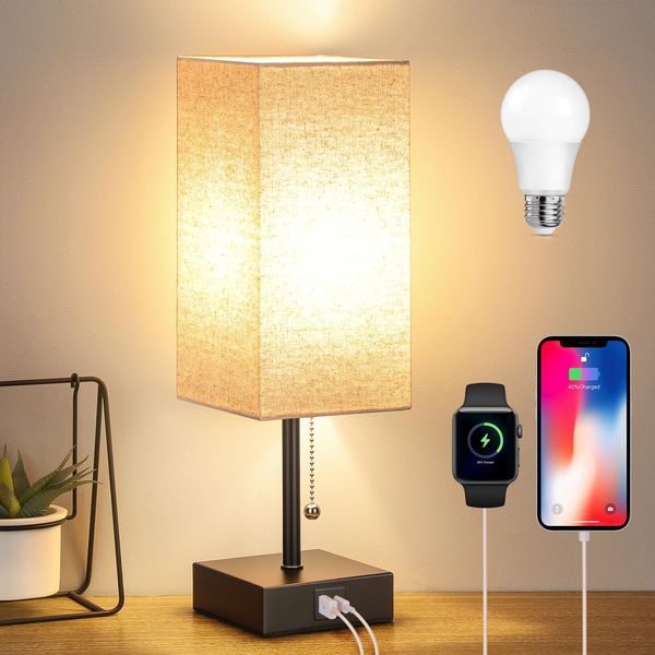 GGOYING Bedside Table Lamp, Pull Chain Table Lamp with USB C+A Charging Ports, 2700K LED Bulb, Fabric Linen Lampshade, Nightstand Lamp for Livingroom Bedroom Office Reading Working