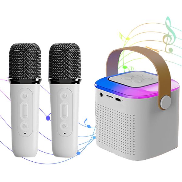 Karaoke Machine for Kids and Adults, Mini Karaoke Bluetooth Microphone Singing Speaker with 2 Wireless Microphones and 7 Color Lights, Toys for All Smartphones, Birthday, Home, Family Party (White)