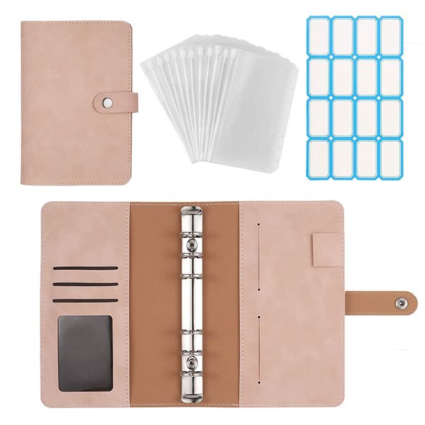 Samcos PU Leather Household Book Binder A6 Size with Card Slots, 6 Ring Binders, 12 Zipper Pockets, Waterproof, Opaque, Multifunctional, Office Supplies, Household Management, Money Management (Pink)