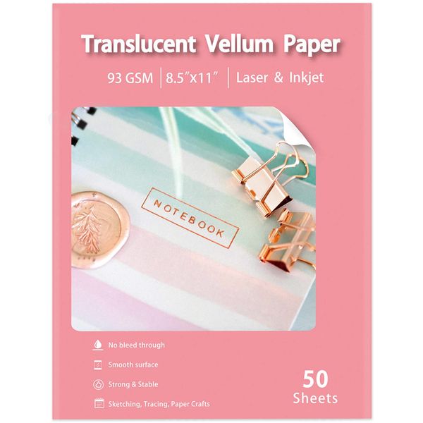 WeLiu Translucent Vellum Paper 8.5x11 Inches, 50 Sheets Printable Transparent 93GSM/63LBS Vellum Paper for Printing Sketching Tracing Drawing