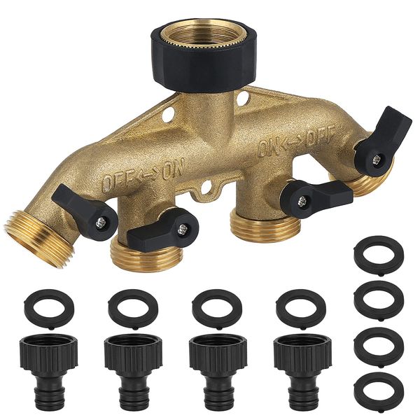 Fippy 4 Way Tap Adaptor Solid Brass Tap Connector, Garden Hose Splitter with Individual On-Off Valves, 3/4" Brass Hose Faucet Manifold for Outdoor Tap and Garden Hoses