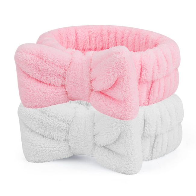 Molain 2Pcs Spa Headband, Bowknot Hair Bands Makeup Headbands Women Coral Fleece Elastic Headband Washing Face Hair Wrap for Washing Face Shower Sports Beauty Skincare (Pink&White)