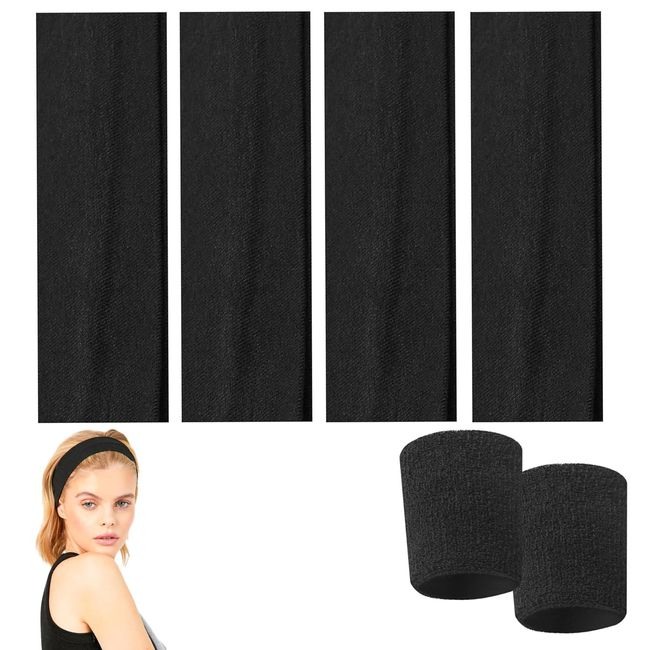 GWAWG 4 Stück 4,8 cm breite schwarze Unisex-Yoga-Stirnbänder, 2 Stück schwarzes Handgelenk-Schweißband für Workout, Yoga, Make-up, Laufen, Wicking