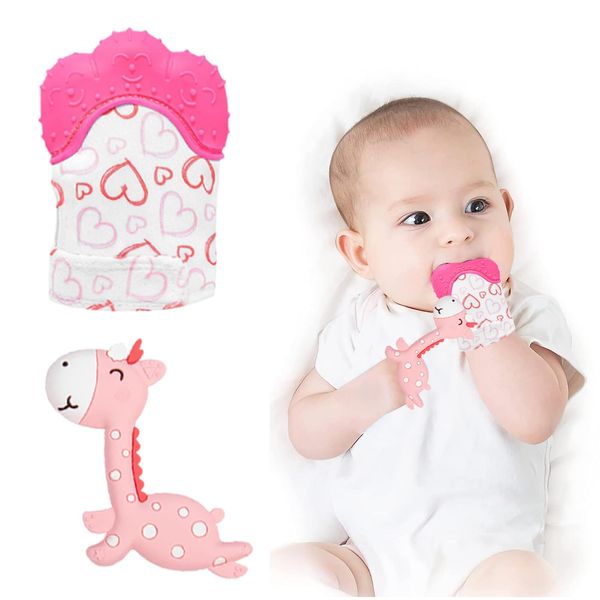 Roontin Baby Teething Set - 2 Pack Teething Mitten & Giraffe Teething Toy for Soothing Pain Relief - Pink