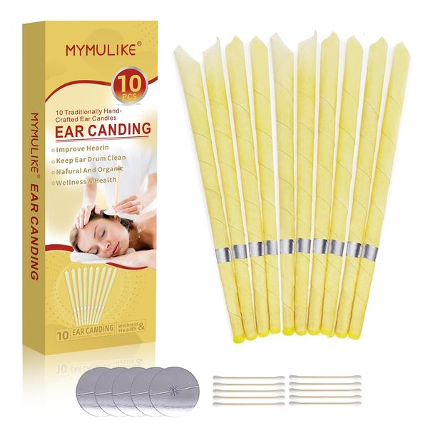 10 Pcs Ear Candles, Ear Candle Set with Natural Organic Beeswax, All Natural Ear Candles Beeswax Candling Cones, Ear Wax Candles with 5 Protective Disks 10 Cotton Swab