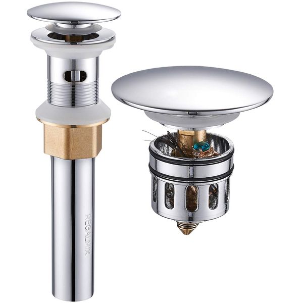 Vessel Sink Drain,Bathroom Pop-up Drain With Detachable Basket Stopper, Anti-Explosion And Anti-Clogging Drain Strainer, Sink Drain Assembly With Overflow Polished Chrome, REGALMIX RWF083H