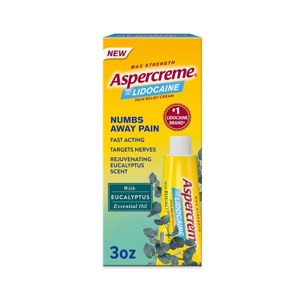 Aspercreme Essential Oils Lidocaine Pain Relief Cream with Rejuvenating Eucalyptus Scent, 3 oz.