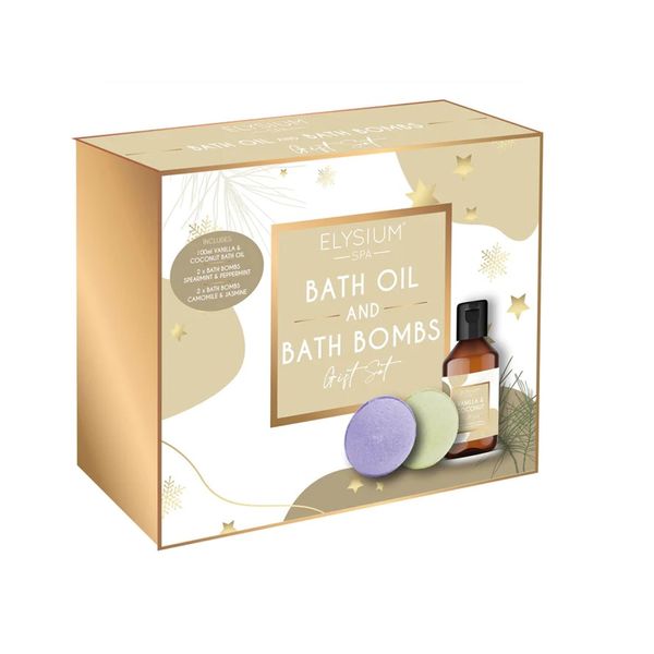 Bath Oil & Bath Bomb Gift Set Vanilla Coconut Chamomile Jasmin Scent Elysium Spa