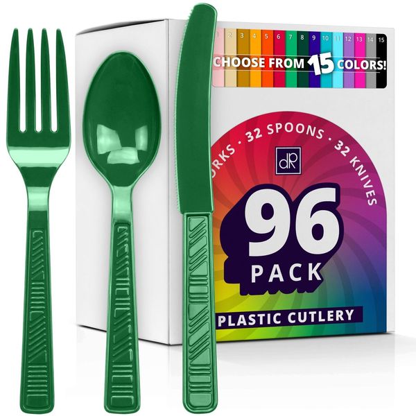 Plastic Cutlery Set Green Plastic Silverware Sets for Parties 96 Piece Bulk H...