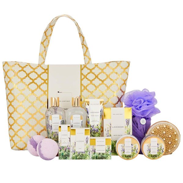 Spa Luxetique Spa Gift Basket, Gift Set for Women - 15pcs Lavender Spa Baskets, Relaxing Spa Kit Includes Bubble Bath, Bath Bombs, Massage Oil, Bath Set for Women Gifts, Valentines Gifts for Women.