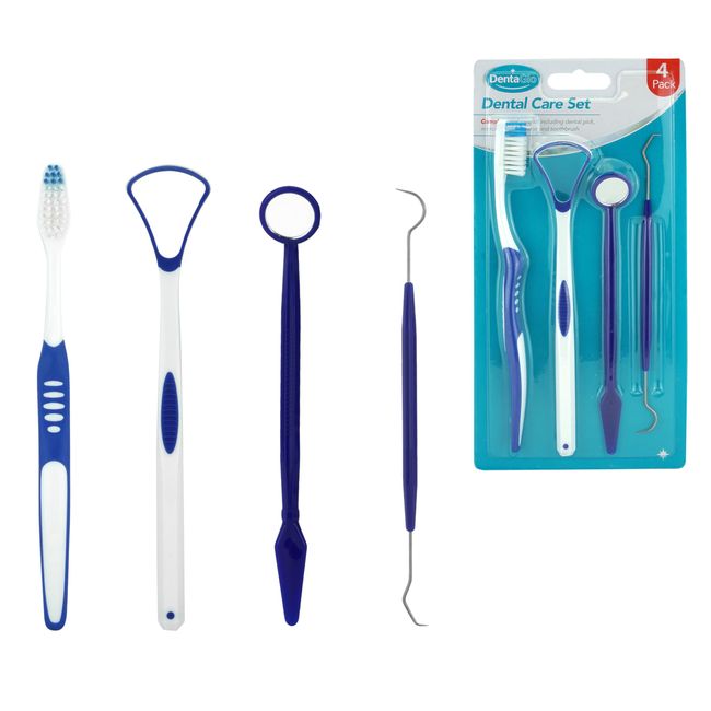 SRV Hub® 4-Pieces Dental Care Kit, Oral Cleaning Tool Set, Dental Pick, Dental Mirror, Tongue Cleaner and Toothbrush, Ideal for Travel or Small Bathrooms, Perfect for Kids 3+ Years