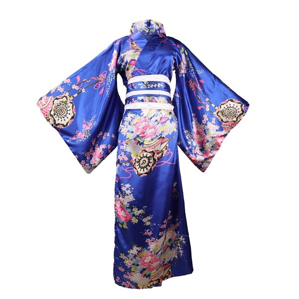 ZNLFS Women's Kimono Robe Traditional Japanese Kimono Dress Halloween Cosplay Costume Geisha Yukata Bathrobe (UK, Alpha, XXL, Regular, Regular, Royal Blue)