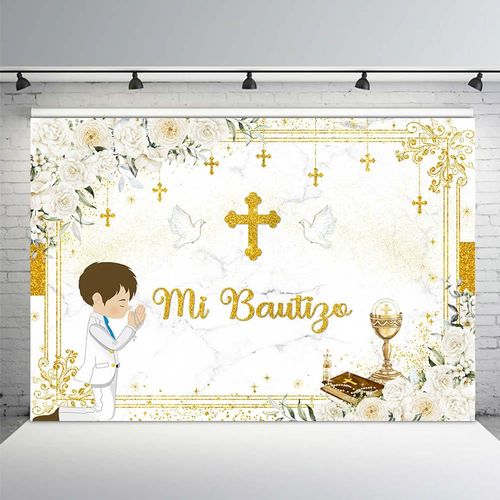 AIBIIN 7x5ft Mi Bautizo Backdrop for Boy Baptism Christening Party Decorations Supplies White Gold Floral Balloon Gold Cross Photography Background First Holy Communion Mi Primera Communion Banner