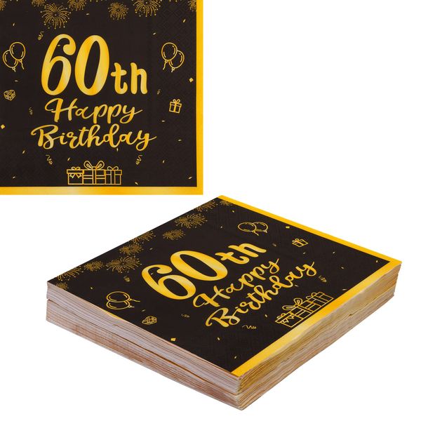 VReder Black Gold 60th Birthday Decorations Paper Napkins, 40pcs Disposable Paper Birthday Napkins Table Decoration for Women Men 60th Birthday Party Supplies Table Decoration (60th Birthday)