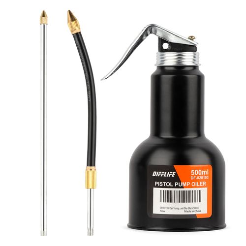 DIFFLIFE Oil Can Transparent High Pressure Oiler Lubrication Oil Can Bottle Oiling Gun with Rigid & Flex Spout Thumb Pump Tool Oiler (Black-500ml)-17 OZ.