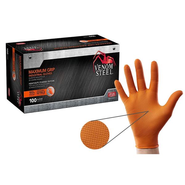 Venom Steel Maximum Grip Nitrile Gloves, 8 Mil Thick, Raised Diamond Texture For Grip, Puncture and Rip Resistant, Hi-Visibility Orange, One Size Fits Most (100 Count)