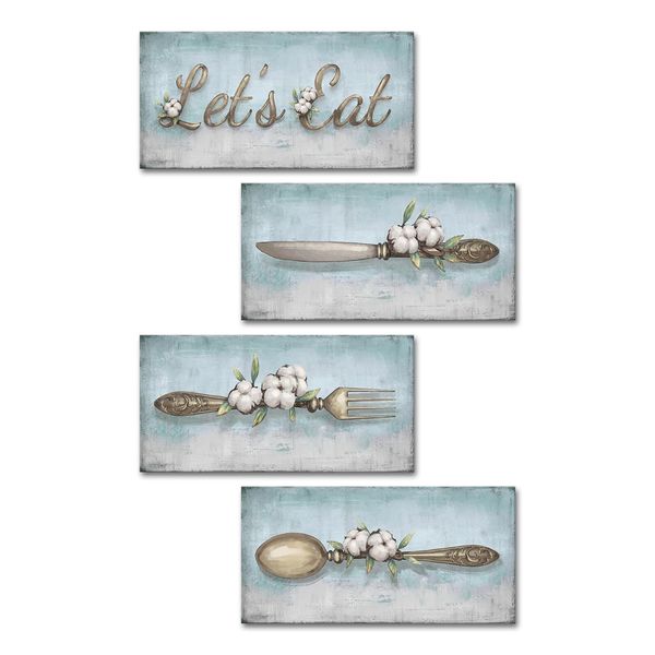 KREATIVE ARTS Set of 4 Kitchen Canvas Prints - Knife, Fork, Spoon, and Cotton Flower Watercolor Painting - 'Let's Eat' Wall Art Poster Artwork Each Panel 6x12 Inches